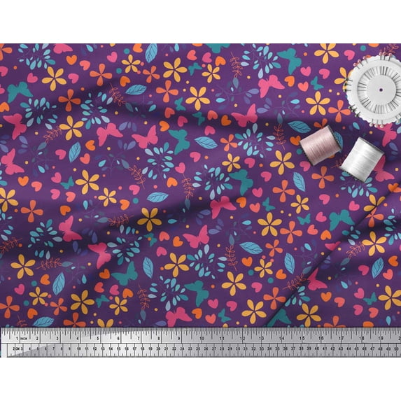 Soimoi Purple Velvet Fabric Flower & Butterfly Print Fabric by The Yard 58 Inch Wide