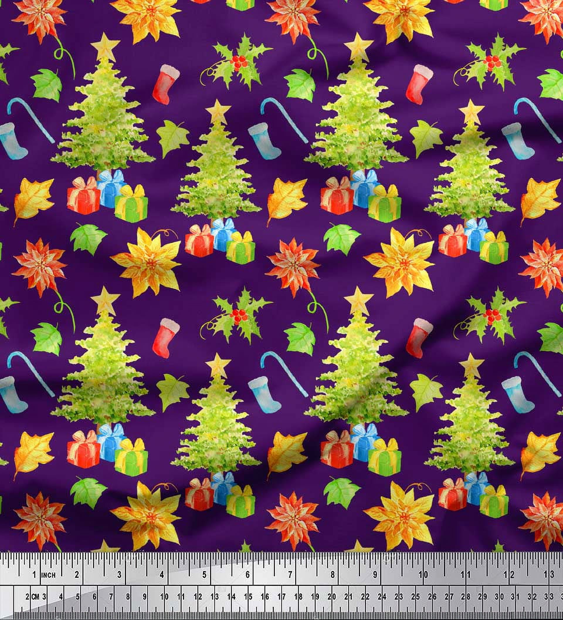 Soimoi Purple Velvet Fabric Gifts & Christmas Tree Print Fabric by Yard 58 Inch Wide