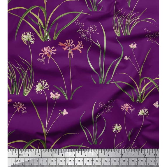 Soimoi Purple Velvet Fabric Grass,Wildflower & Floral Print Fabric by the Yard 58 Inch Wide