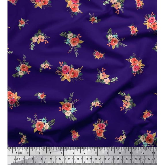 Soimoi Purple Velvet Fabric Leaves & Peony Floral Print Fabric by the Yard 58 Inch Wide