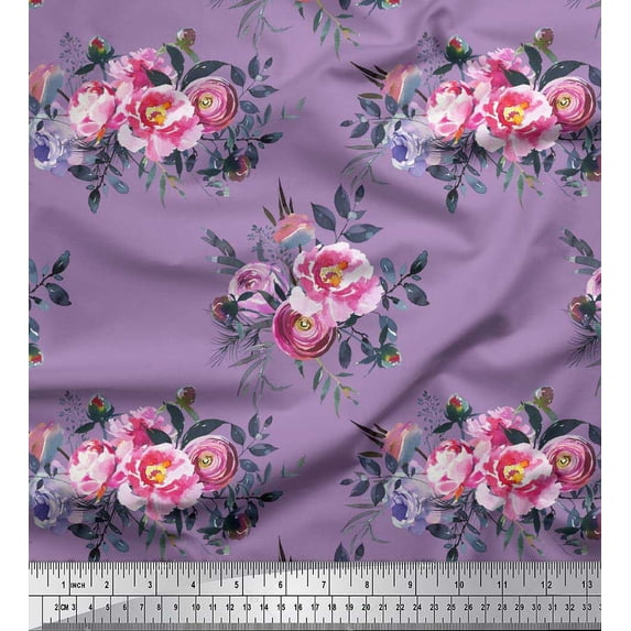 Soimoi Purple Velvet Fabric Leaves & Pink Floral Decor Fabric Printed BTY 58 Inch Wide