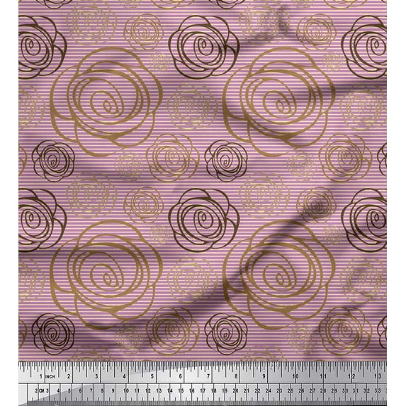 Soimoi Purple Velvet Fabric Stripe & Ranunculus Floral Printed Fabric 1 Yard 58 Inch Wide