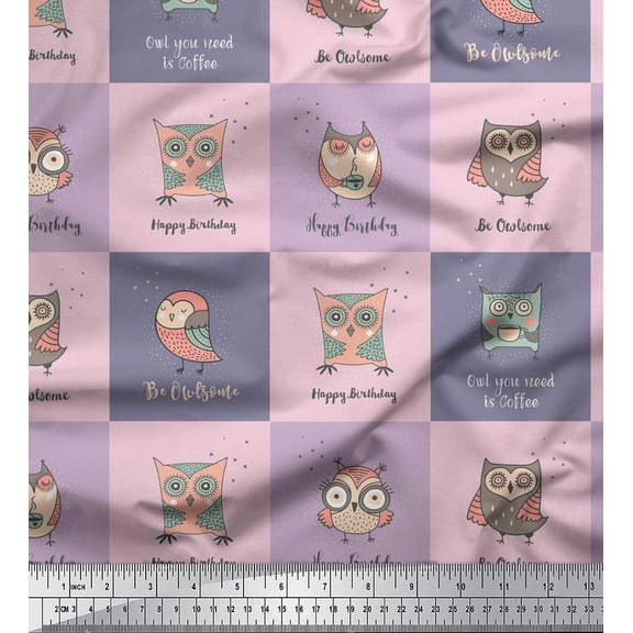 Soimoi Purple Velvet Fabric Text & Owl Cartoon Print Sewing Fabric Yard 58 Inch Wide