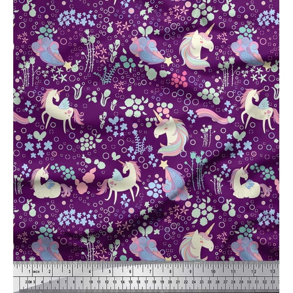 Soimoi Purple Velvet Fabric Unicorn & Floral Printed Fabric 1 Yard 58 Inch Wide