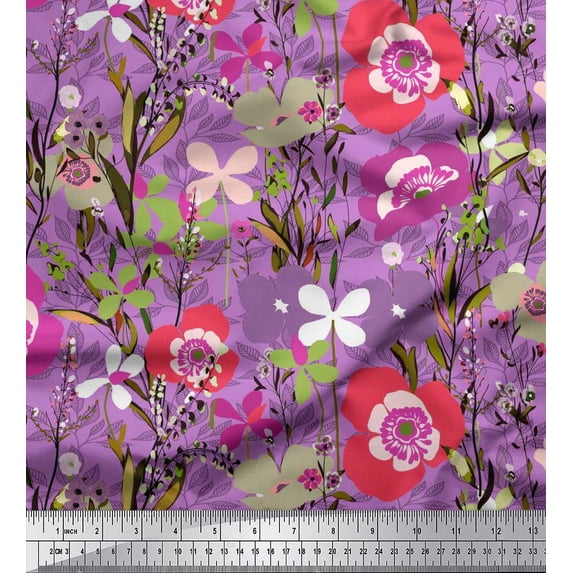 Soimoi Purple Viscose Chiffon Fabric Leaves & Floral Artistic Print Fabric by Yard 42 Inch Wide