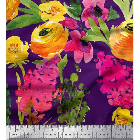 Soimoi Purple Viscose Chiffon Fabric Leaves & Floral Print Fabric by The Yard 42 Inch Wide