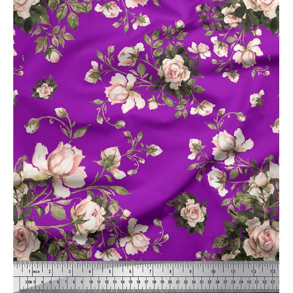 Soimoi Purple Viscose Chiffon Fabric Leaves & Rose Floral Decor Fabric Printed Yard 42 Inch Wide