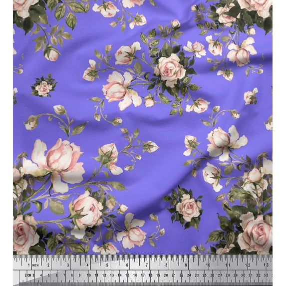 Soimoi Purple Viscose Chiffon Fabric Leaves & Rose Floral Print Sewing Fabric Yard 42 Inch Wide