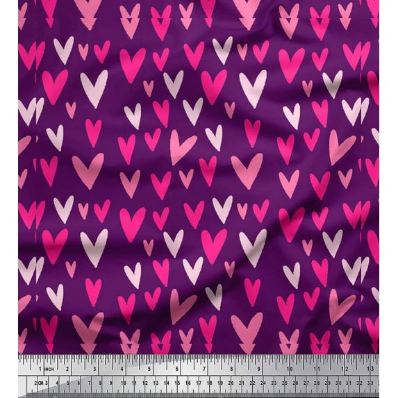 Soimoi Purple Viscose Chiffon Fabric Pink Heart Printed Craft Fabric by the Yard 42 Inch Wide