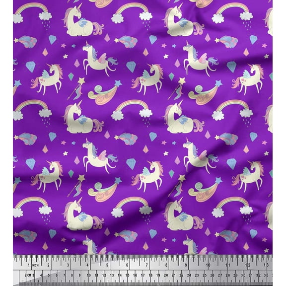 Soimoi Purple Viscose Chiffon Fabric Rainbow & Unicorn Animal Print Fabric by Yard 42 Inch Wide