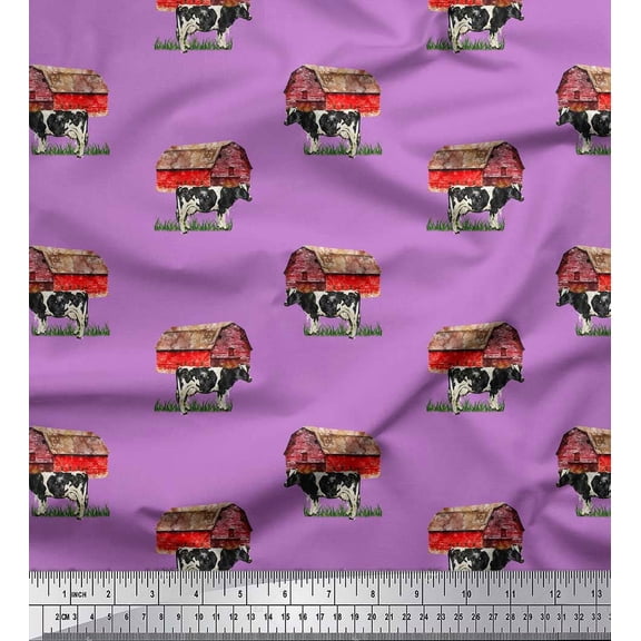 Soimoi Purple polyester Crepe Fabric Barn & Cow Farm Print Fabric by the Yard 52 Inch Wide