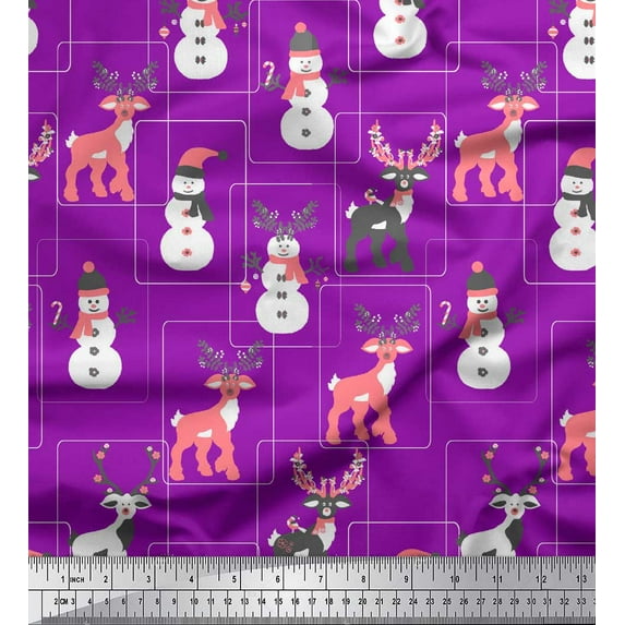 Soimoi Purple polyester Crepe Fabric Baubles,Reindeer & Snowman Cartoon Print Fabric by the Yard 52 Inch Wide
