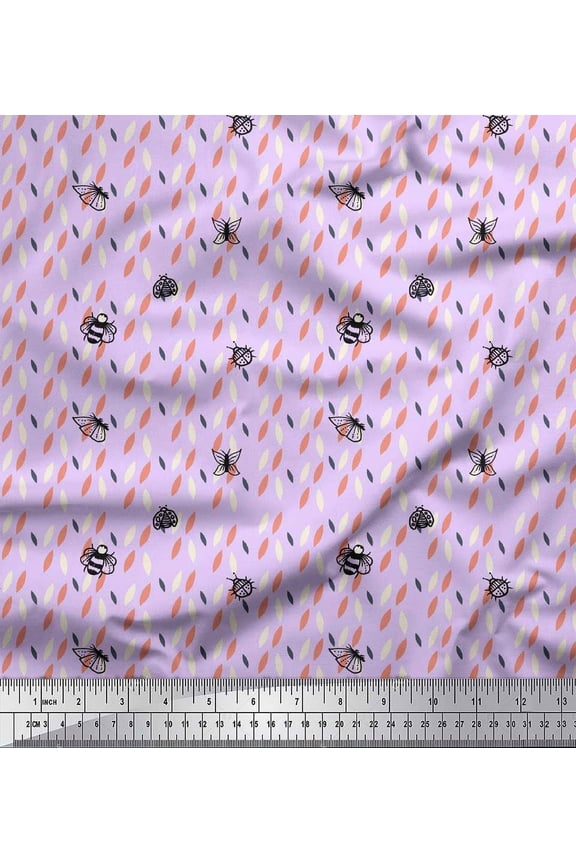 Purple polyester Crepe Fabric Bee & Lady Bird Insect Print Sewing Fabric Yard 52 Inch Wide