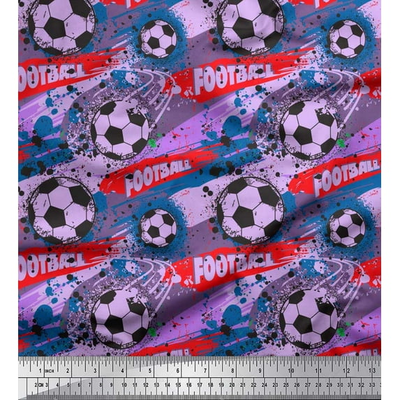 Soimoi Purple polyester Crepe Fabric Brush Stroke & Football Sports Print Fabric by Yard 52 Inch Wide