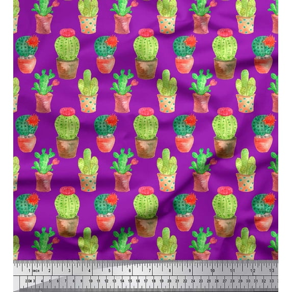 Soimoi Purple polyester Crepe Fabric Cactus With Conical Pot Tree Print Sewing Fabric Yard 42 Inch Wide