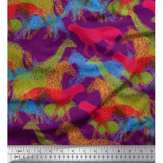 Soimoi Purple polyester Crepe Fabric Giraffe,Leopard & Horse Animal Decor Fabric Printed BTY 42 Inch Wide