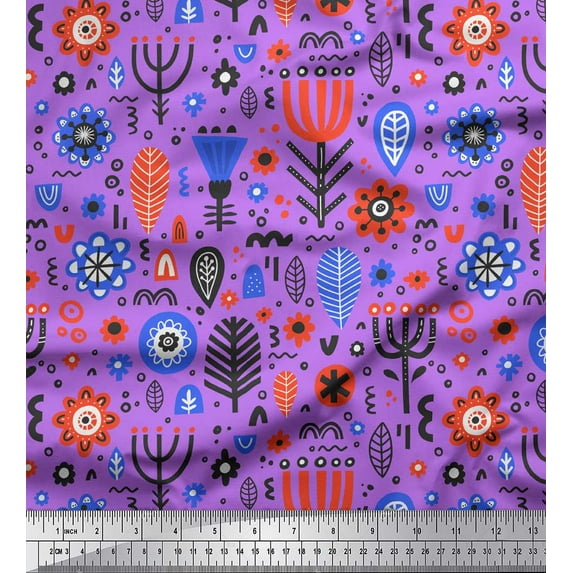 Soimoi Purple polyester Crepe Fabric Leaves & Floral Folk Art Printed Craft Fabric by the Yard 42 Inch Wide