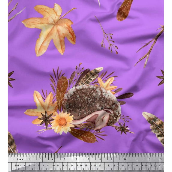 Soimoi Purple polyester Crepe Fabric Leaves & Hedgehog Animal Print Fabric by the Yard 42 Inch Wide
