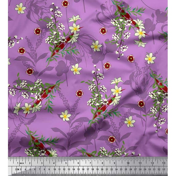 Soimoi Purple polyester Crepe Fabric Leaves,Primrose & Cottonball Flower Fabric Prints by Yard 42 Inch Wide