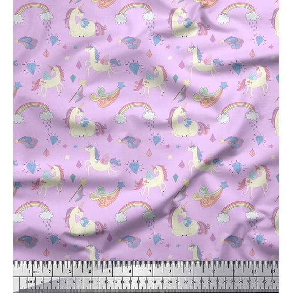 Soimoi Purple polyester Crepe Fabric Rainbow & Unicorn Animal Print Fabric by the Yard 42 Inch Wide