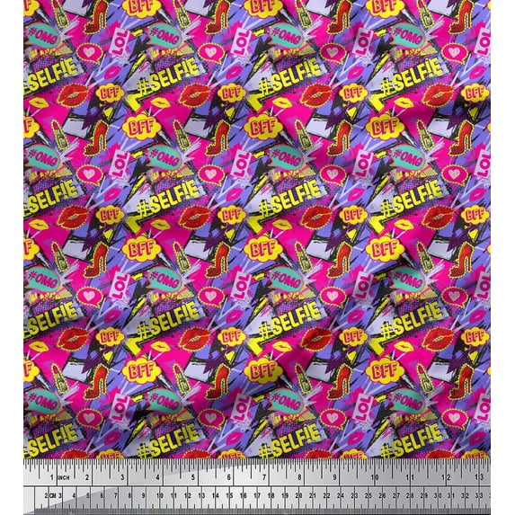 Soimoi Purple polyester Crepe Fabric Text,Lipstick & High Heels Fashion Decor Fabric Printed Yard 42 Inch Wide