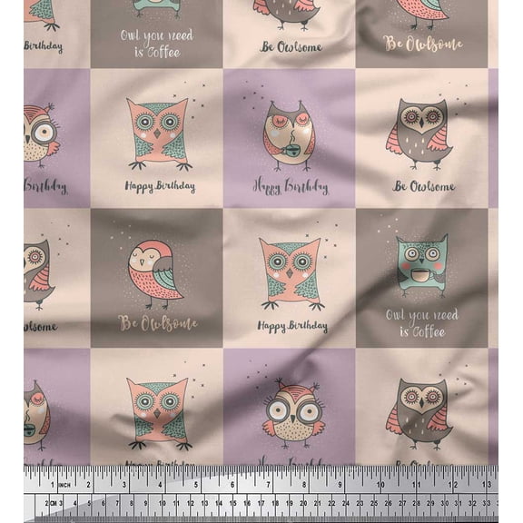 Soimoi Purple polyester Crepe Fabric Text & Owl Cartoon Print Sewing Fabric Yard 42 Inch Wide