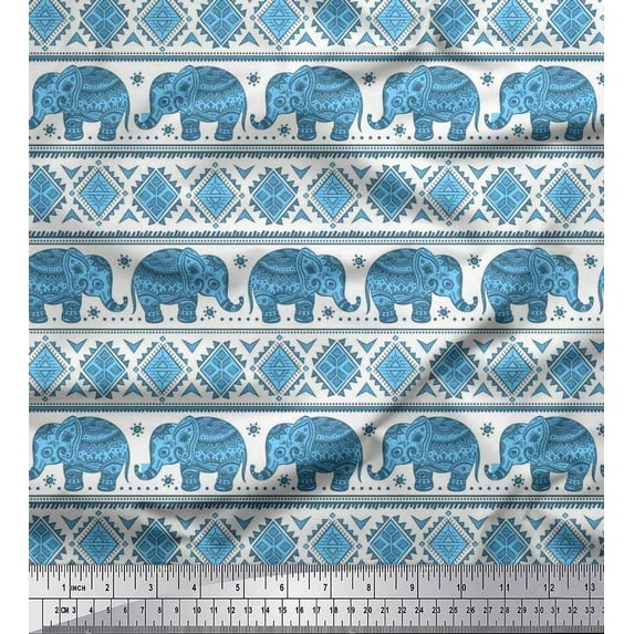Soimoi Rayon Crepe Fabric Aztec & Tribal Elephant Ethnic Print Fabric by the Yard 46 Inch Wide