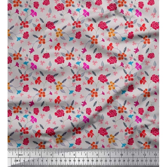 Soimoi Rayon Crepe Fabric Berries,Leaves & Floral Artistic Print Fabric by The Yard 46 Inch Wide