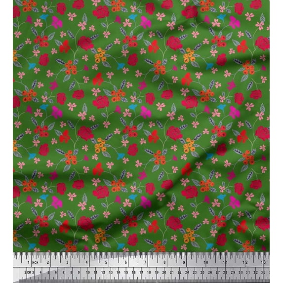 Soimoi Rayon Crepe Fabric Berries,Leaves & Floral Artistic Printed Fabric 1 Yard 46 Inch Wide