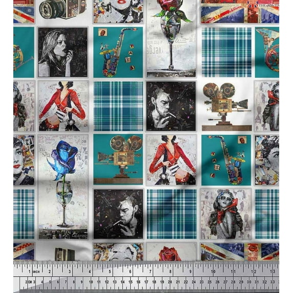 Soimoi Rayon Crepe Fabric Check,Women & Camera Patchwork Print Fabric by The Yard 46 Inch Wide