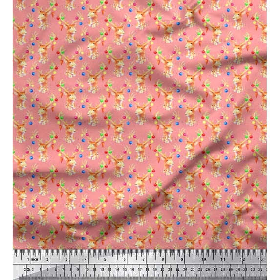 Soimoi Rayon Crepe Fabric Christmas Baubles & Reindeer Face Animal Print Fabric by Yard 46 Inch Wide