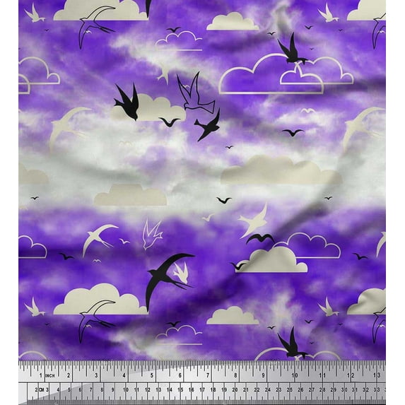 Soimoi Rayon Crepe Fabric Clouds & Flying Swift Bird Printed Fabric 1 Yard 46 Inch Wide