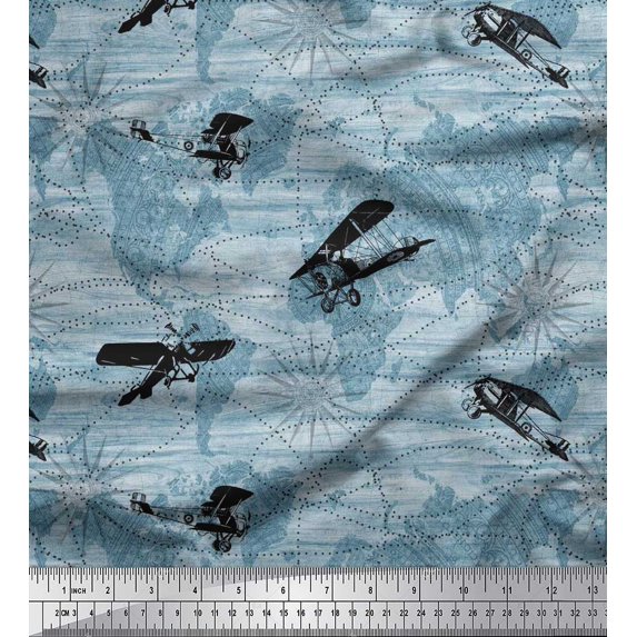 Soimoi Rayon Crepe Fabric Dot,Airplane & Map Fabric Prints by Yard 46 Inch Wide