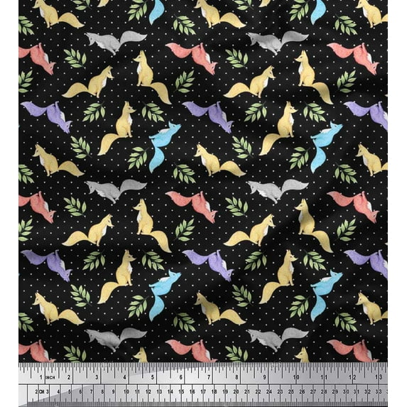 Soimoi Rayon Crepe Fabric Dot,Leaves & Fox Animal Fabric Prints By Yard 46 Inch Wide