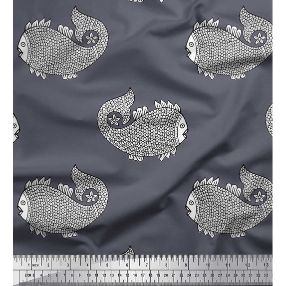 Soimoi Rayon Crepe Fabric Fish Block Fabric Prints by Yard 46 Inch Wide