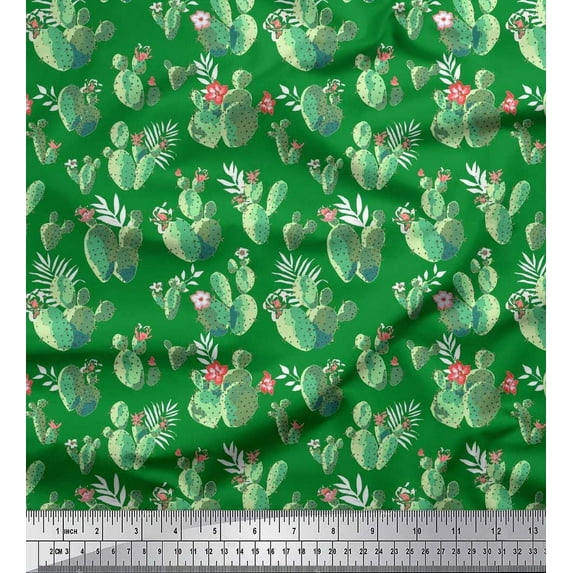 Soimoi Rayon Crepe Fabric Floral & Cactus Tree Decor Fabric Printed Yard 46 Inch Wide