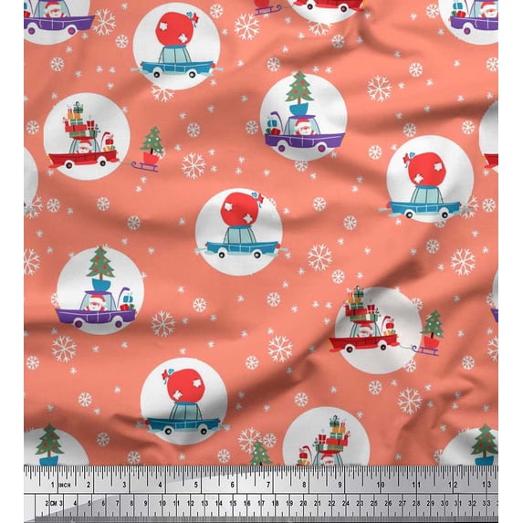 Soimoi Rayon Crepe Fabric Gift Box,Car & Santa Christmas Fabric Prints by Yard 46 Inch Wide