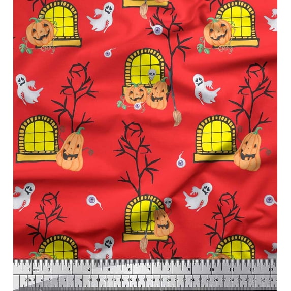 Soimoi Rayon Crepe Fabric Haunted House,Pumpkin & Ghost Halloween Print Fabric by The Yard 46 Inch Wide