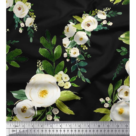 Soimoi Rayon Crepe Fabric Leaves & Arabian Jasmine Floral Print Fabric by Yard 46 Inch Wide