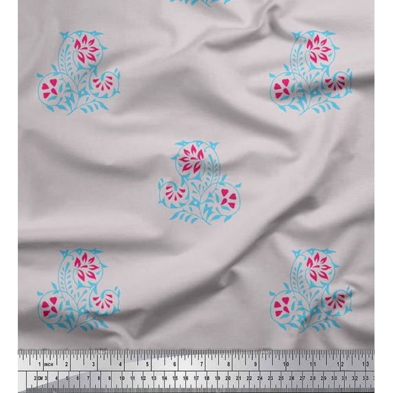 Soimoi Rayon Crepe Fabric Leaves & Floral Block Printed Fabric 1 Yard 46 Inch Wide