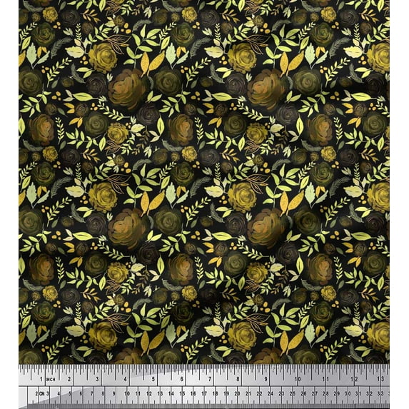 Soimoi Rayon Crepe Fabric Leaves & Grandiflora Roses Floral Printed Craft Fabric by The Yard 46 Inch Wide