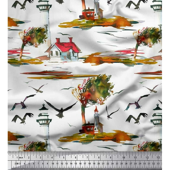 Soimoi Rayon Crepe Fabric Lighthouse,Bird & Tree Nature Print Fabric by the Yard 46 Inch Wide