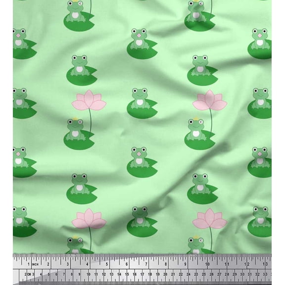 Soimoi Rayon Crepe Fabric Lotus & Frog Kids Decor Fabric Printed Yard 46 Inch Wide