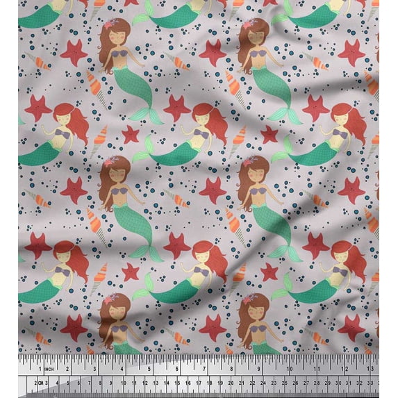 Soimoi Rayon Crepe Fabric Mermaid & Starfish Ocean Printed Fabric 1 Yard 46 Inch Wide