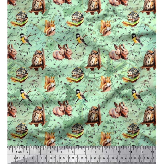 Soimoi Rayon Crepe Fabric Owl,Squirrel & Rabbit Animal Decor Fabric Printed Yard 46 Inch Wide
