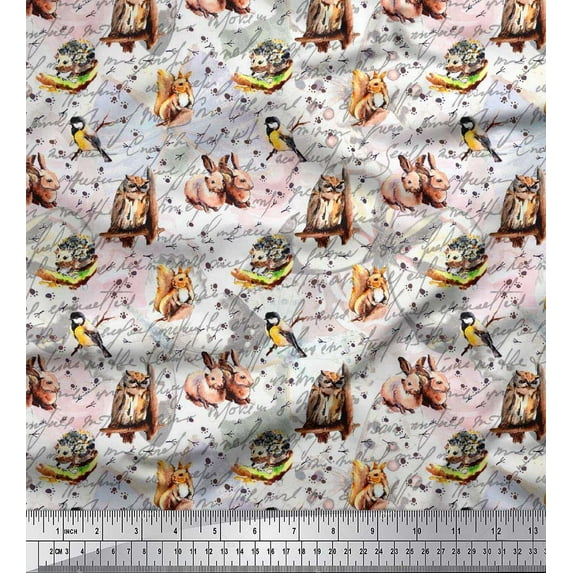 Soimoi Rayon Crepe Fabric Owl,Squirrel & Rabbit Animal Printed Craft Fabric by The Yard 46 Inch Wide