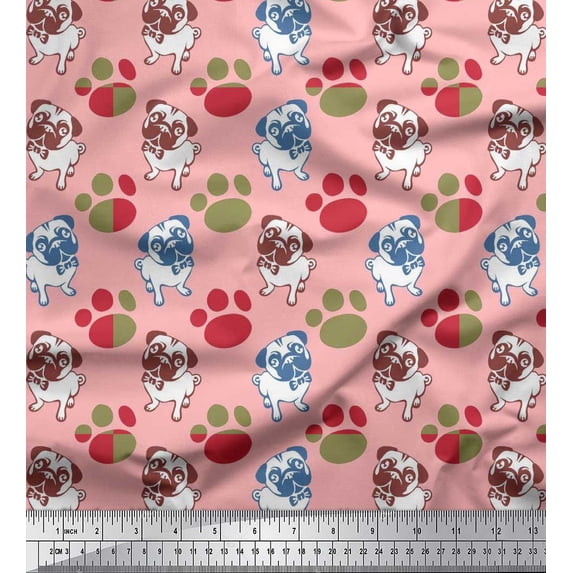 Soimoi Rayon Crepe Fabric Paw & Pug Dog Printed Fabric 1 Yard 46 Inch Wide
