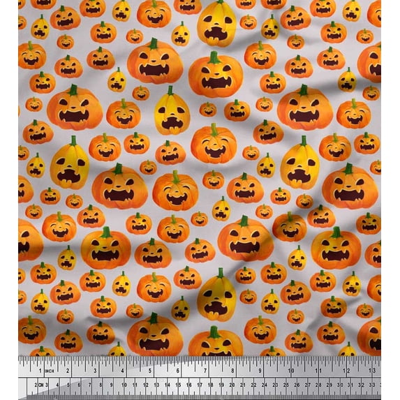 Soimoi Rayon Crepe Fabric Pumpkin Halloween Print Fabric by The Yard 46 Inch Wide
