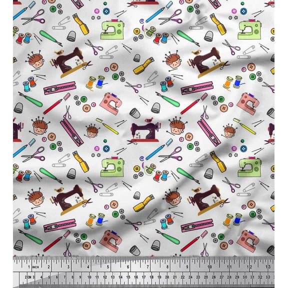 Soimoi Rayon Crepe Fabric Scissor,Buttons & Machine Sewing Print Fabric by Yard 46 Inch Wide