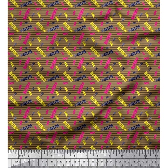 Soimoi Rayon Crepe Fabric Selfie Text & Stripe Decor Fabric Printed Yard 46 Inch Wide